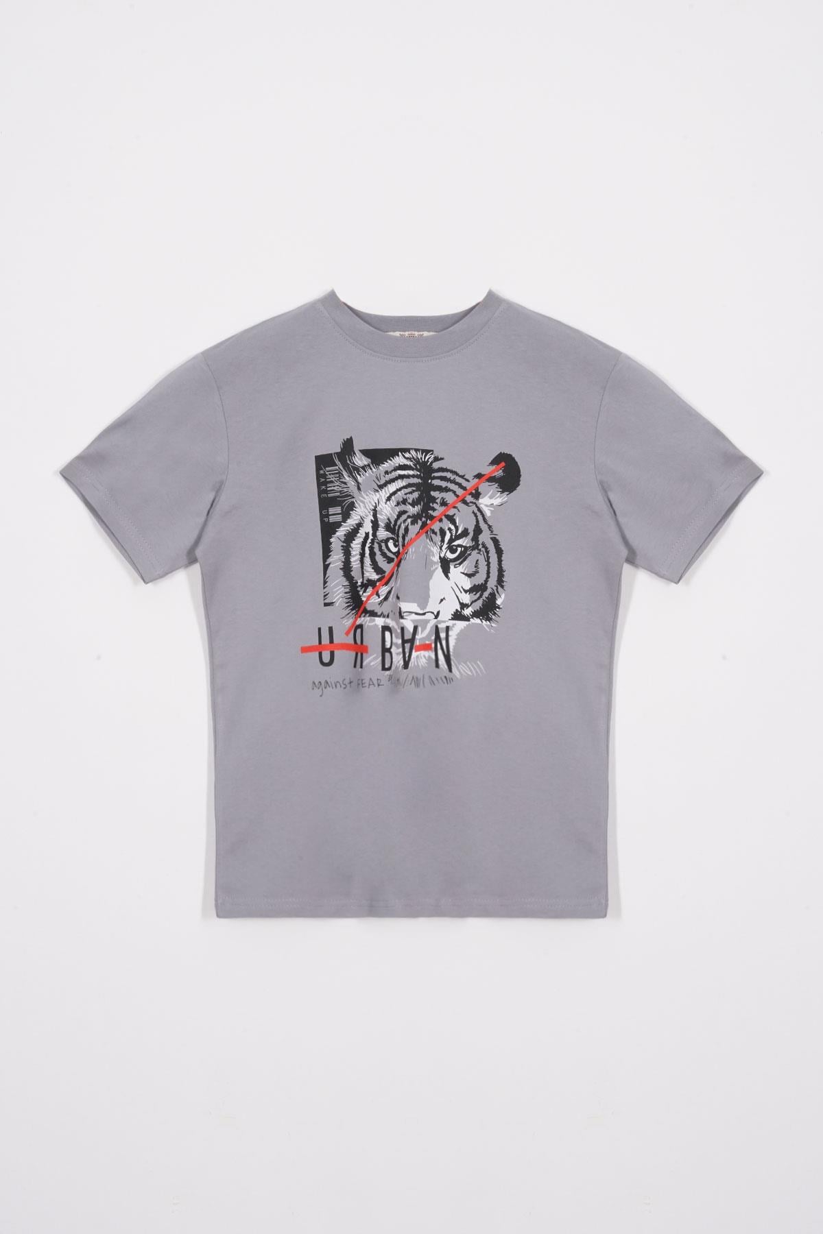 Bisiklet Yaka Kaplan Baskılı Gri Renk Erkek Çocuk Tshirt
