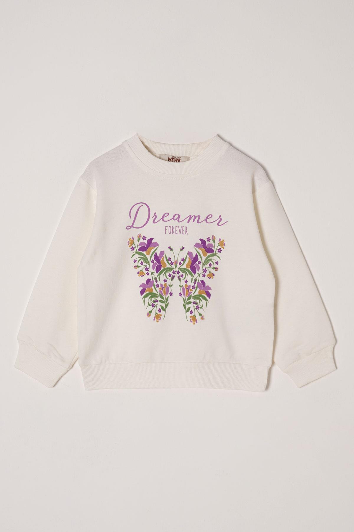 Dreamer Kelebek Baskılı Ekru-Koyu Lila Renk Kız Çocuk Eşofman Takımı
