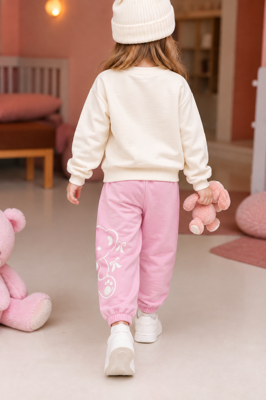 Kız Çocuk Eşofman Takımı Ayıcık Baskılı Sweatshirt Pembe Günlük Spor Takım