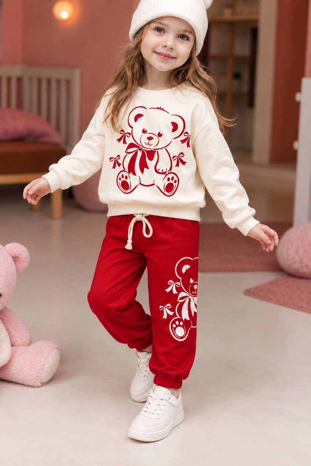 Kız Çocuk Eşofman Takımı Ayıcık Baskılı Sweatshirt Kırmızı Günlük Spor Takım