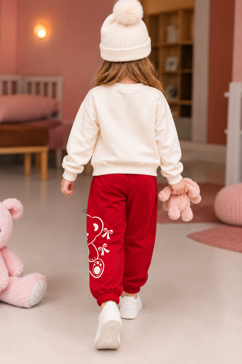 Kız Çocuk Eşofman Takımı Ayıcık Baskılı Sweatshirt Kırmızı Günlük Spor Takım