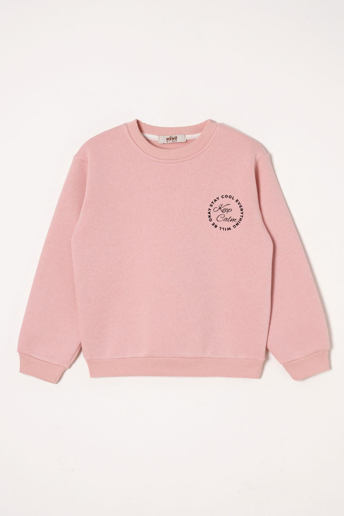 Yazı Baskılı Toz Pembe Renk Kız Çocuk Sweat