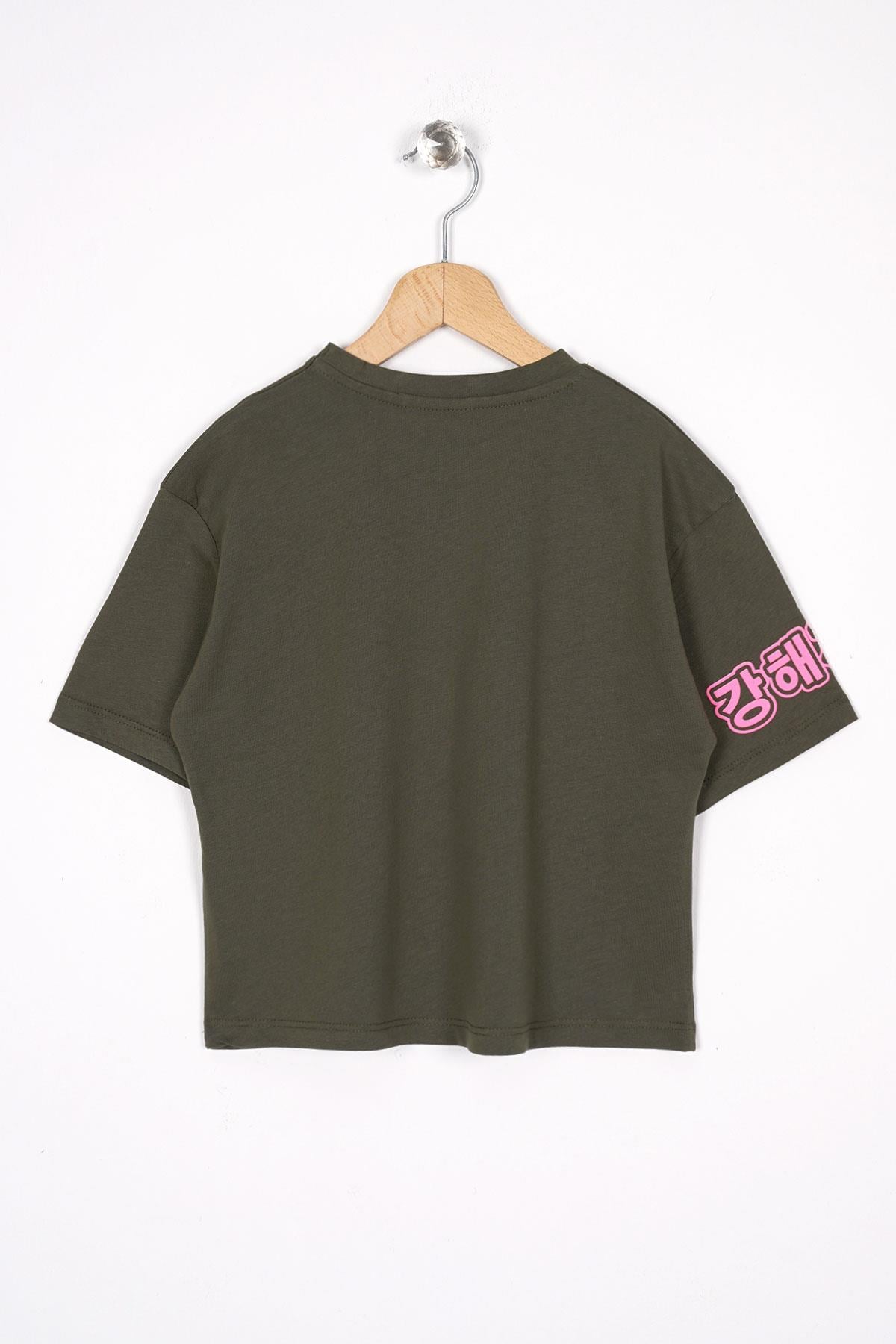 Bisiklet Yaka Baskılı Haki Renk Kız Çocuk Tshirt