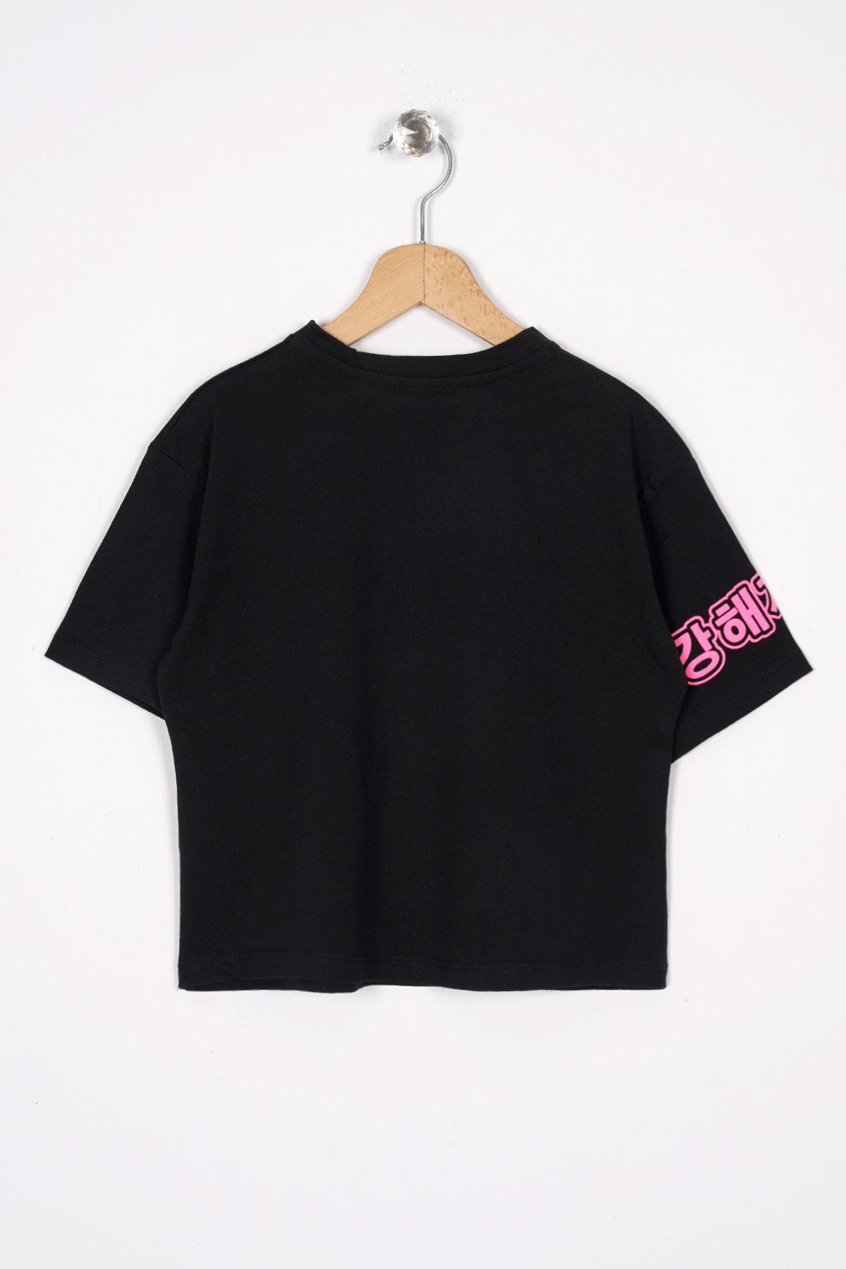 Bisiklet Yaka Baskılı Siyah Renk Kız Çocuk Tshirt