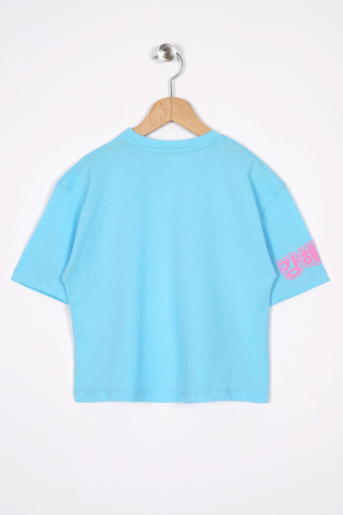 Bisiklet Yaka Baskılı Açık Mavi Renk Kız Çocuk Tshirt