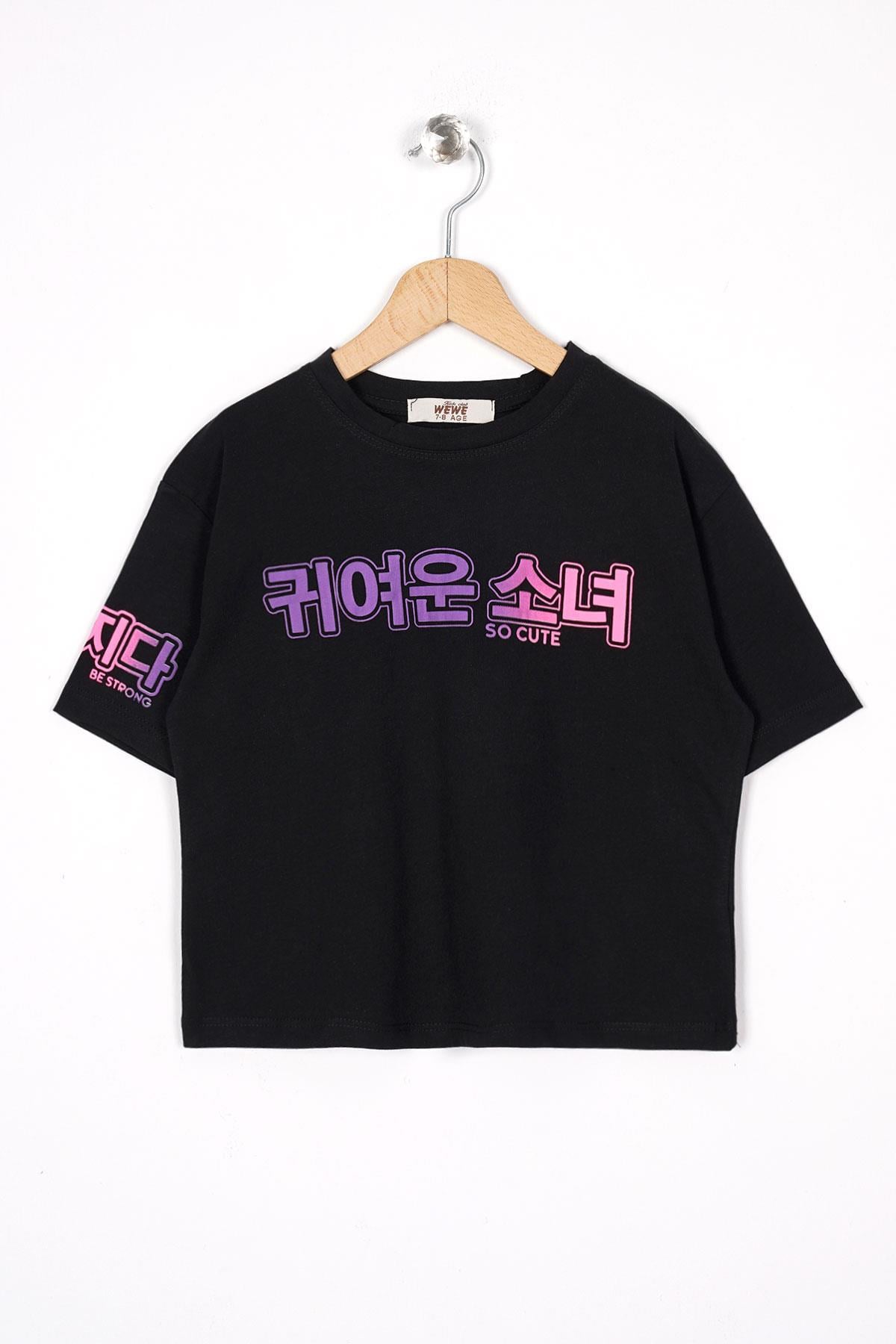 Bisiklet Yaka Baskılı Siyah Renk Kız Çocuk Tshirt