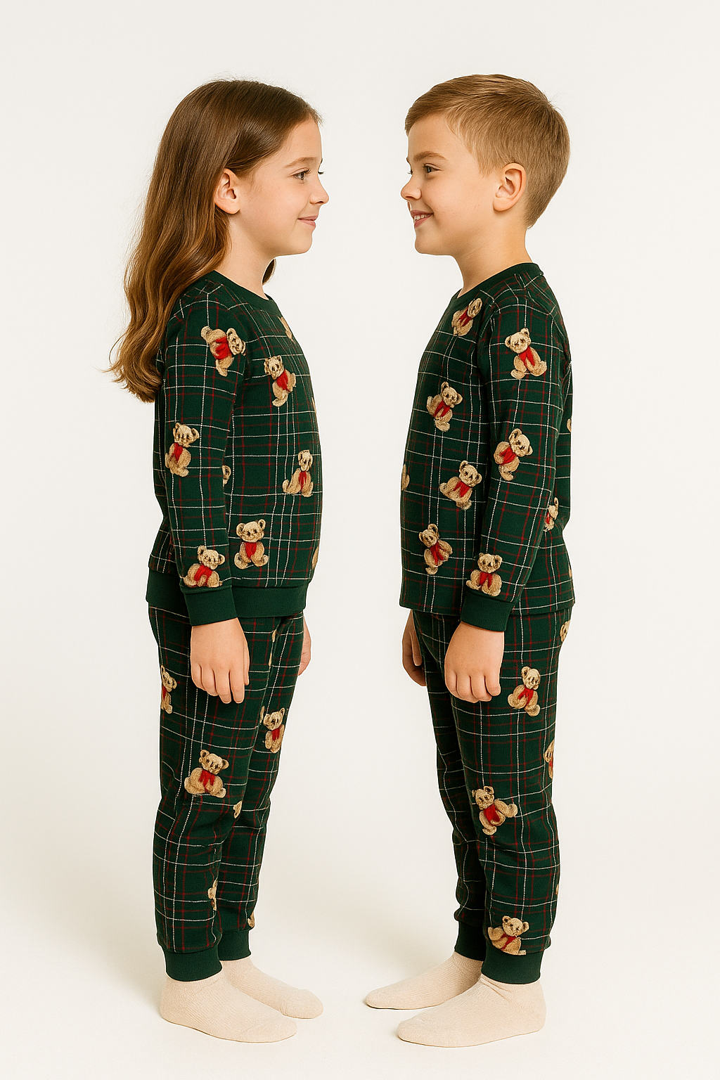 Bisiklet Yaka Ayıcık Baskılı Yeşil Renk Unisex Çocuk Pijama Takımı