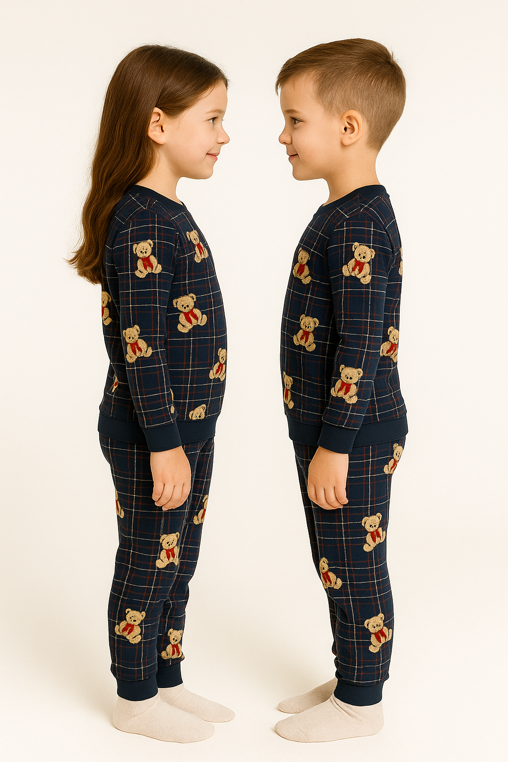 Bisiklet Yaka Ayıcık Baskılı Lacivert Renk Unisex Çocuk Pijama Takımı