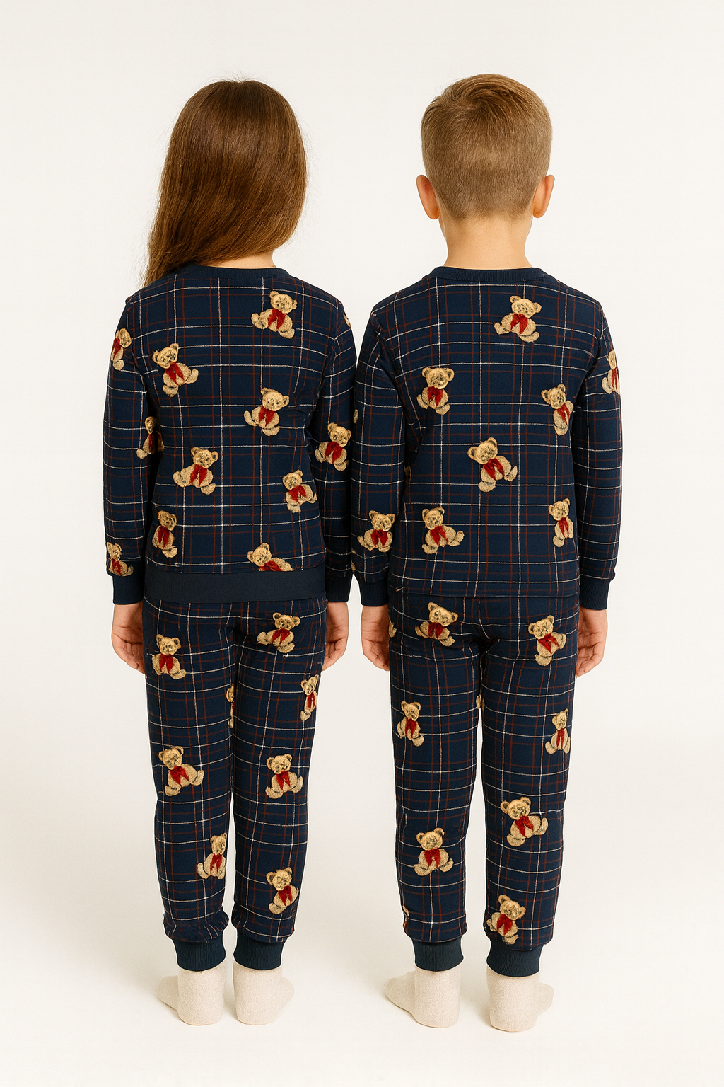 Bisiklet Yaka Ayıcık Baskılı Lacivert Renk Unisex Çocuk Pijama Takımı