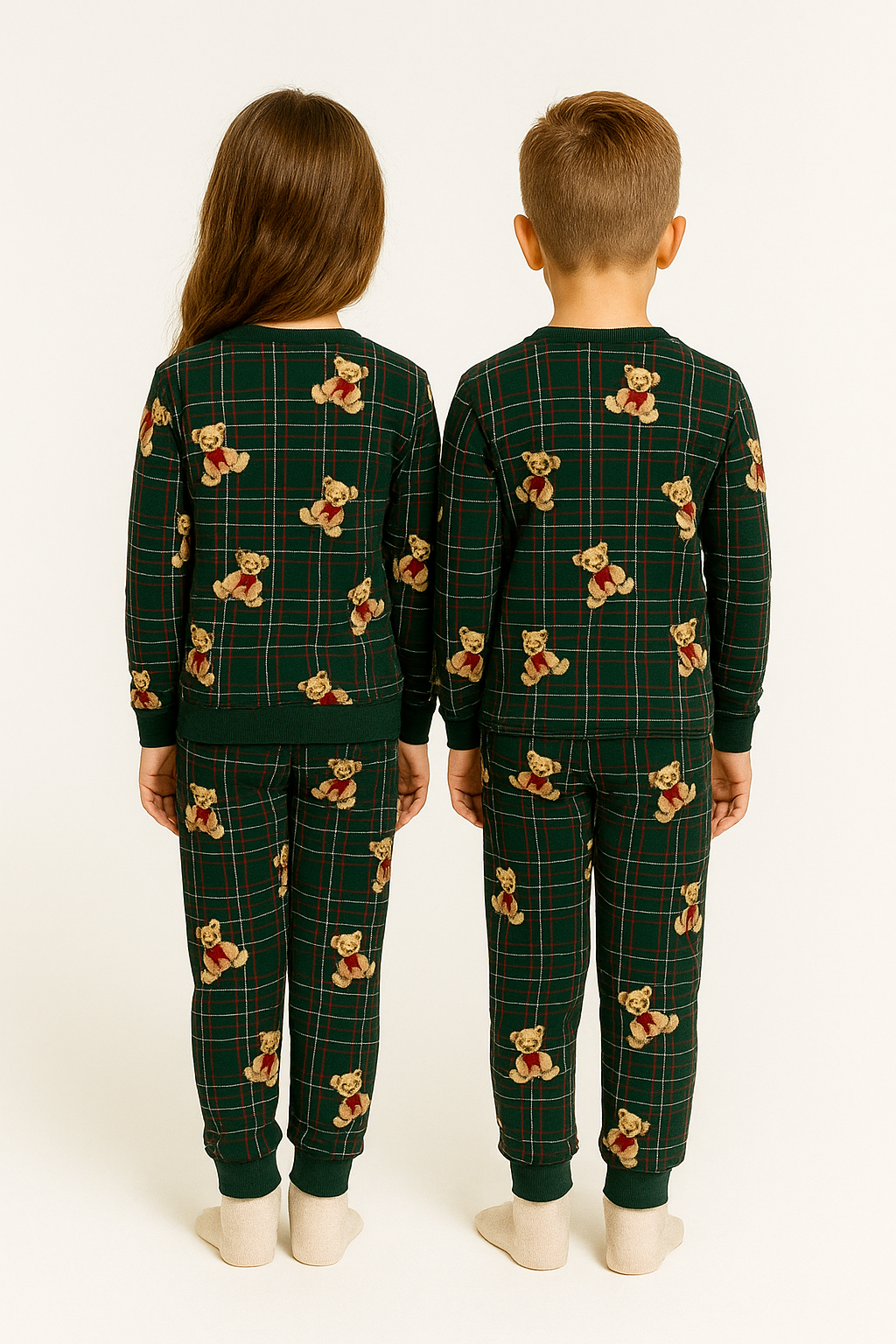 Bisiklet Yaka Ayıcık Baskılı Yeşil Renk Unisex Çocuk Pijama Takımı
