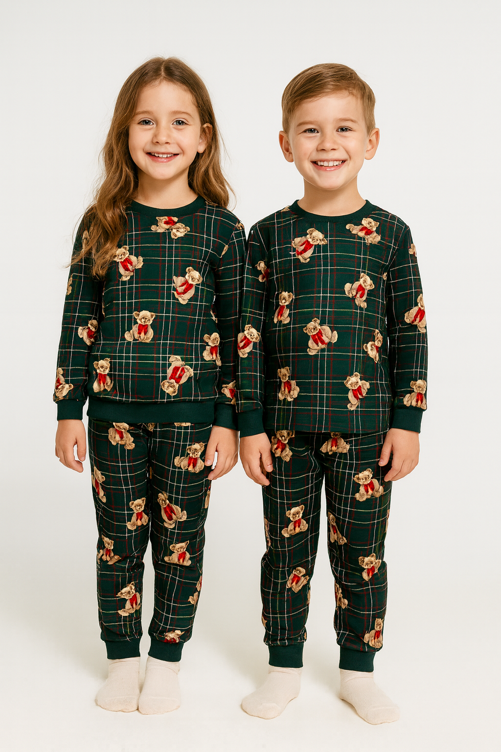 Bisiklet Yaka Ayıcık Baskılı Yeşil Renk Unisex Çocuk Pijama Takımı