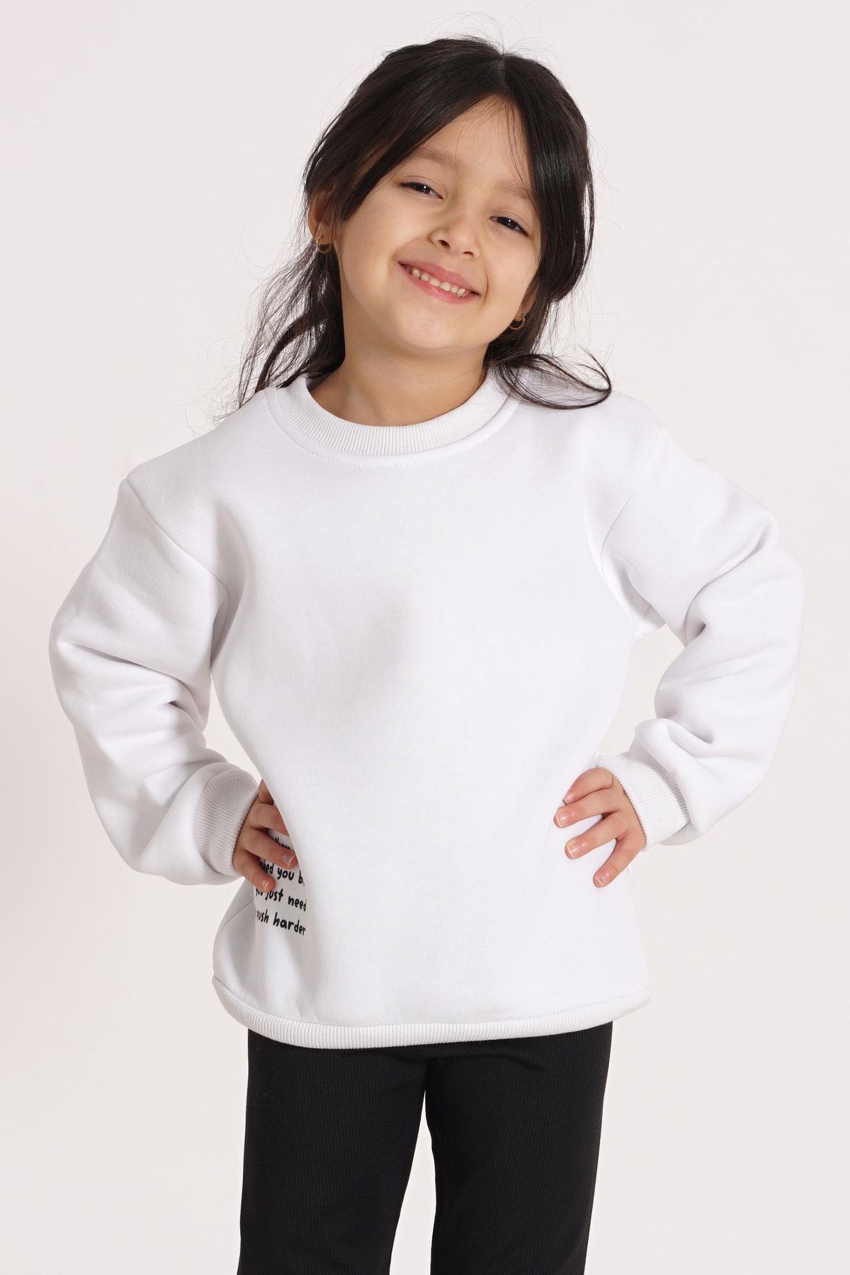 Yazı Baskılı Ekru Renk Kız Çocuk Sweat