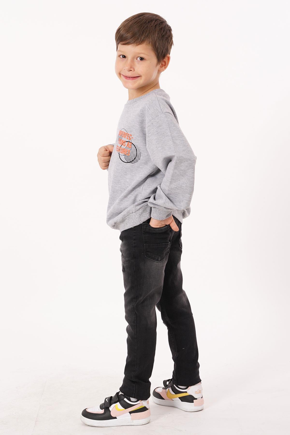 Yazı Baskılı Gri Melanj Renk Erkek Çocuk  Sweatshirt