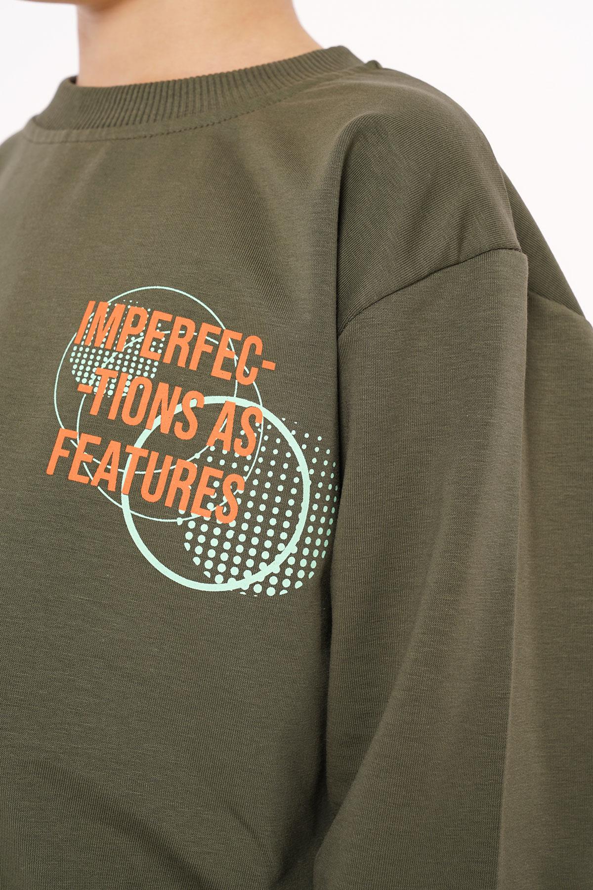 Yazı Baskılı Haki Renk Erkek Çocuk  Sweatshirt