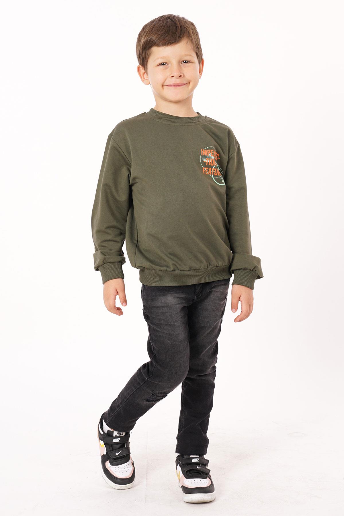 Yazı Baskılı Haki Renk Erkek Çocuk  Sweatshirt