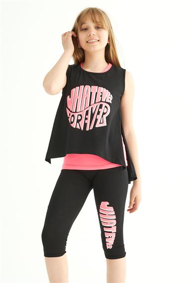 Bisiklet Yaka Askılı Neon Fusya Renk Kız Çocuk Taytlı Takım