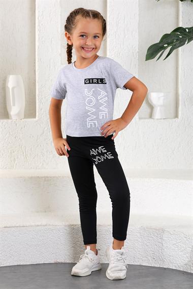 Bisiklet Yaka Kısa Kol Be Awe Some Baskılı Gri Melanj Renk Kız Çocuk Taytlı Takım