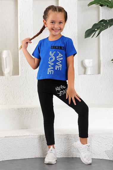 Bisiklet Yaka Kısa Kol Be Awe Some Baskılı Saks Renk Kız Çocuk Taytlı Takım