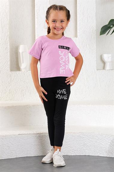Bisiklet Yaka Kısa Kol Be Awe Some Baskılı Lila Renk Kız Çocuk Taytlı Takım