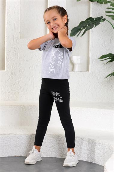 Bisiklet Yaka Kısa Kol Be Awe Some Baskılı Gri Melanj Renk Kız Çocuk Taytlı Takım
