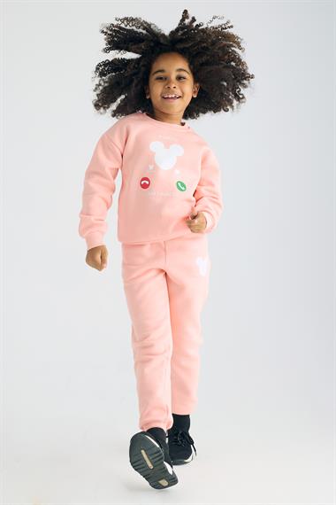 Bisiklet Yaka Uzun Kol Somon Renk Kız Çocuk İkili Takım