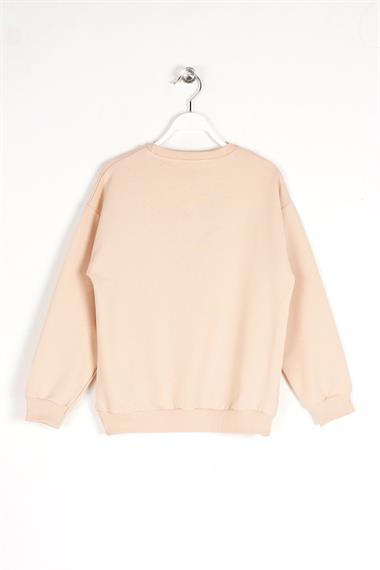 Bisiklet Yaka Uzun Kol Bej Renk Kız Çocuk Sweatshirt