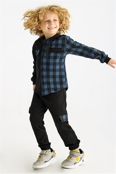 Kapüşonlu Uzun Kol Ekoselı Ceplı Indigo Renk Erkek Çocuk Esofman Takım