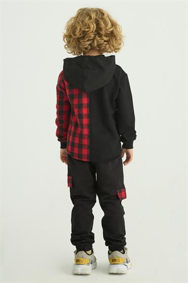 Kapüşonlu Uzun Kol Ekoselı Ceplı Kırmızı Renk Erkek Çocuk Esofman Takım