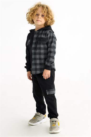 Kapüşonlu Uzun Kol Ekoselı Ceplı Antrasit Renk Erkek Çocuk Esofman Takım