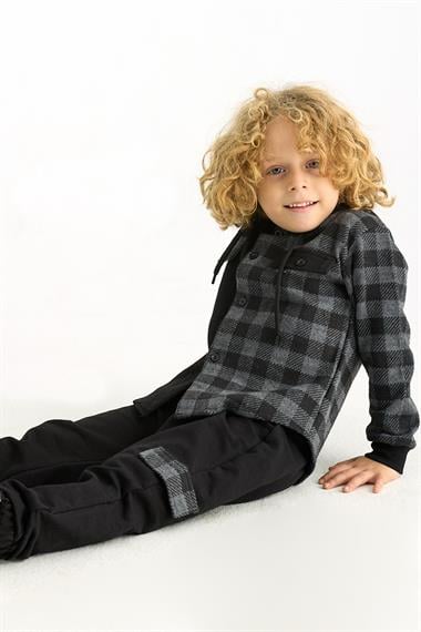 Kapüşonlu Uzun Kol Ekoselı Ceplı Antrasit Renk Erkek Çocuk Esofman Takım