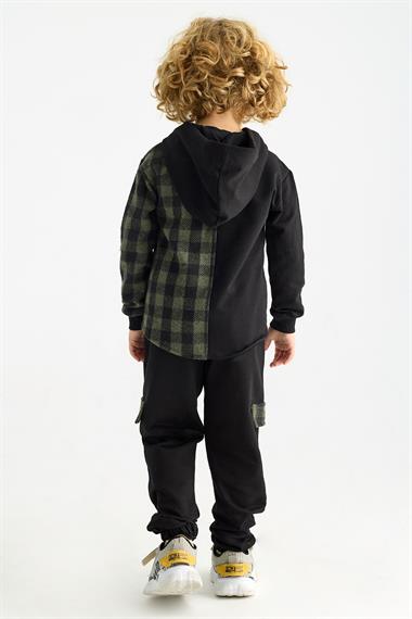 Kapüşonlu Uzun Kol Ekoselı Ceplı Haki Renk Erkek Çocuk Esofman Takım