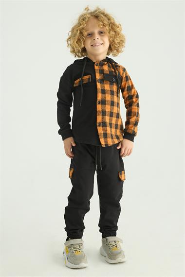 Kapüşonlu Uzun Kol Ekoselı Ceplı Turuncu Renk Erkek Çocuk Esofman Takım