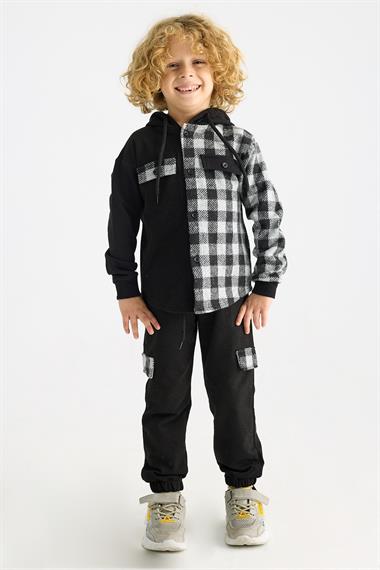 Kapüşonlu Uzun Kol Ekoselı Ceplı Gri Renk Erkek Çocuk Esofman Takım