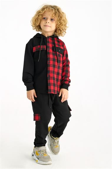 Kapüşonlu Uzun Kol Ekoselı Ceplı Kırmızı Renk Erkek Çocuk Esofman Takım