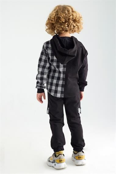 Kapüşonlu Uzun Kol Ekoselı Ceplı Gri Renk Erkek Çocuk Esofman Takım