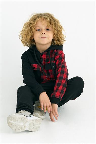 Kapüşonlu Uzun Kol Ekoselı Ceplı Kırmızı Renk Erkek Çocuk Esofman Takım