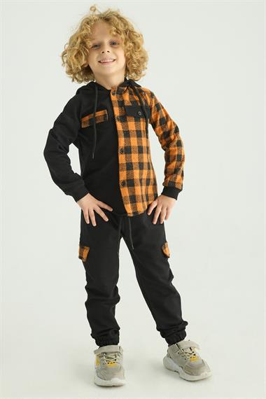 Kapüşonlu Uzun Kol Ekoselı Ceplı Turuncu Renk Erkek Çocuk Esofman Takım