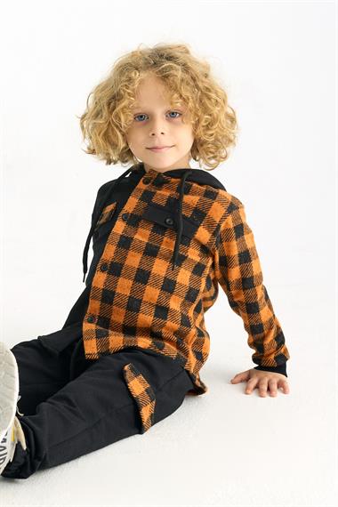 Kapüşonlu Uzun Kol Ekoselı Ceplı Turuncu Renk Erkek Çocuk Esofman Takım