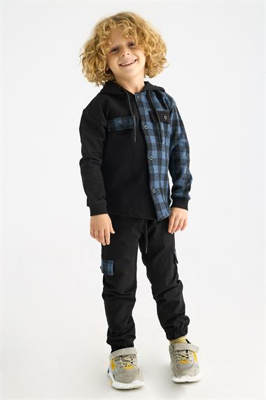 Kapüşonlu Uzun Kol Ekoselı Ceplı Indigo Renk Erkek Çocuk Esofman Takım