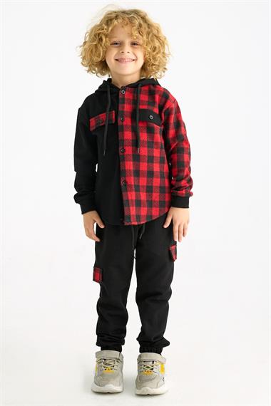 Kapüşonlu Uzun Kol Ekoselı Ceplı Kırmızı Renk Erkek Çocuk Esofman Takım