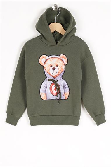 Kapüşonlu Uzun Kol Ayı Baskılı Haki Renk Erkek Çocuk Sweatshirt