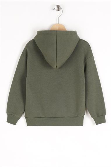 Kapüşonlu Uzun Kol Ayı Baskılı Haki Renk Erkek Çocuk Sweatshirt