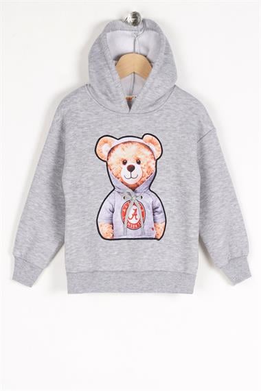 Kapüşonlu Uzun Kol Ayı Baskılı Gri Renk Erkek Çocuk Sweatshirt