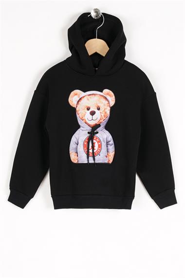 Kapüşonlu Uzun Kol Ayı Baskılı Siyah Renk Erkek Çocuk Sweatshirt