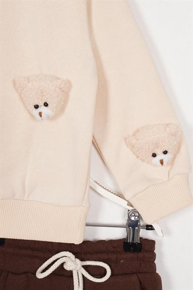 Bisiklet Yaka Uzun Kol Ayıcık Aksesuarlı Bej Renk Eşofman Takım