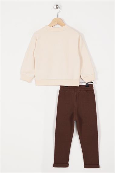 Bisiklet Yaka Uzun Kol Ayıcık Aksesuarlı Bej Renk Eşofman Takım
