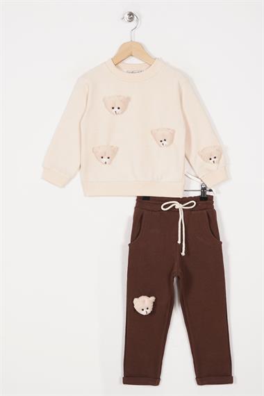 Bisiklet Yaka Uzun Kol Ayıcık Aksesuarlı Bej Renk Eşofman Takım