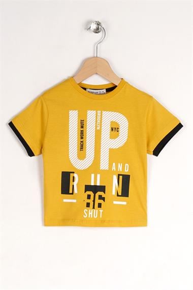 Bisiklet Yaka Kısa Kol UP Yazı Baskılı Hardal Renk Erkek Çocuk Tshirt