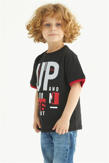 Bisiklet Yaka Kısa Kol UP Yazı Baskılı Siyah Renk Erkek Çocuk Tshirt