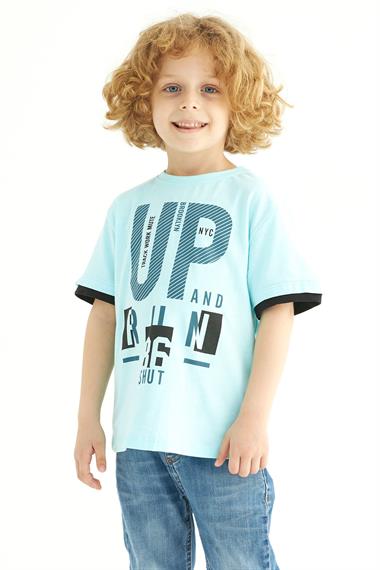 Bisiklet Yaka Kısa Kol UP Yazı Baskılı Mint Renk Erkek Çocuk Tshirt